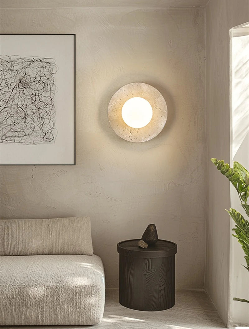 IWHD Modern LED Wall Lamp Yellow Travertine Glass Lampshade Wall Light Indoor Room Decoration Bedside Lighting Applique Murale