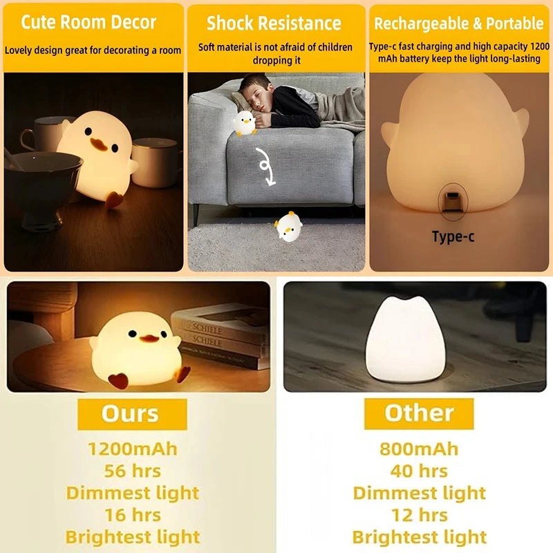 LED Night Light Cute Duck Cartoon Animals Silicone Lamp for Children Kid Touch Sensor Timing USB Rechargeable for Birthday Gifts