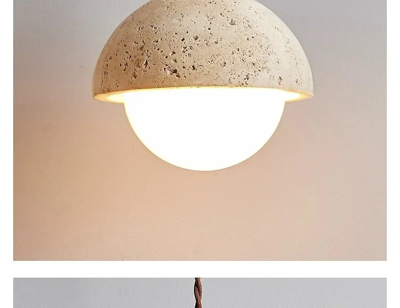 Luma Japanese Style Yellow Travertine Pendant Light, Wabi-Sabi Stone Chandeliers for Kitchen Island Bedroom Bedside Home Decor