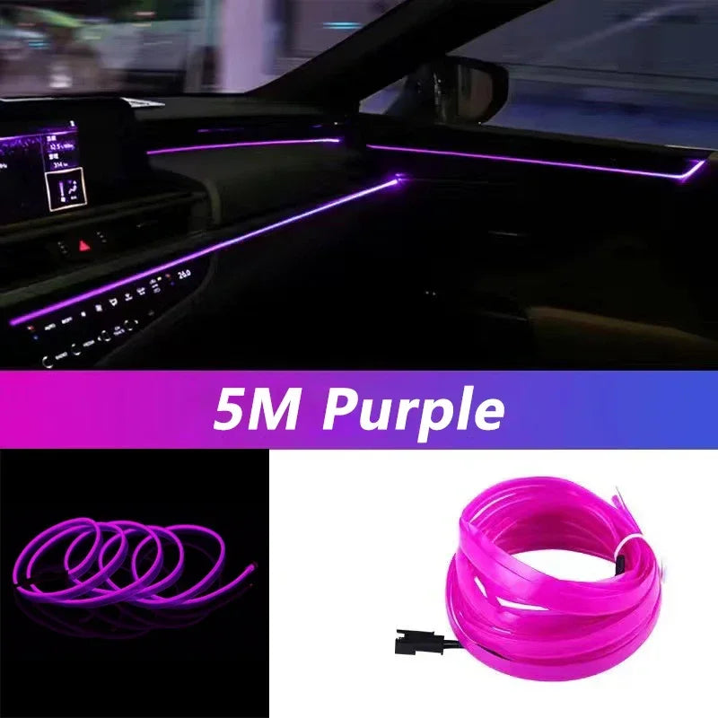 5M Car Interior LED Strip Light EL Wire Neon Ambient Lighting USB Flexible Decoration DIY Auto Party Atmosphere Lamp Diode