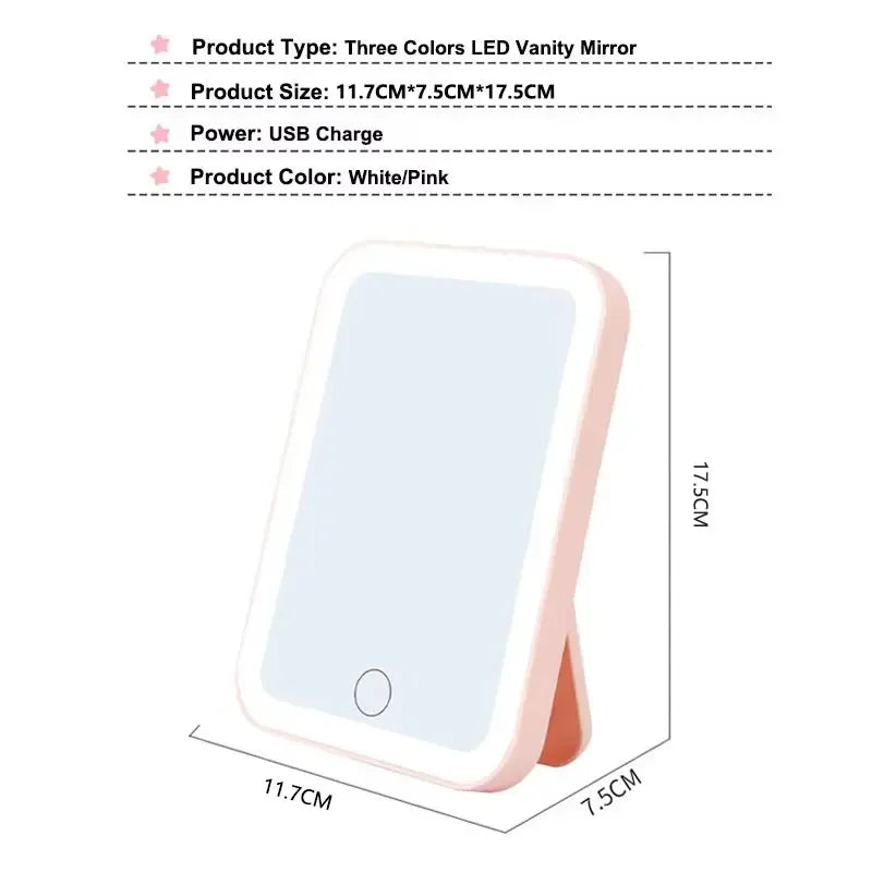 3 Colors LED Vanity Mirror Touch Screen 3 Brightness Dimmable USB Rechargeable Portable Makeup Mirror
