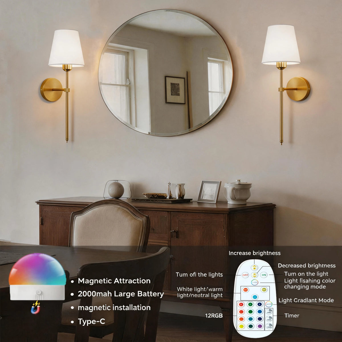 Wireless Battery Powered Wall Lamp Rechargeable Wall Lamp Dimmable Detachable Bulb Remote Control 15 Color Wireless Wall Lamp