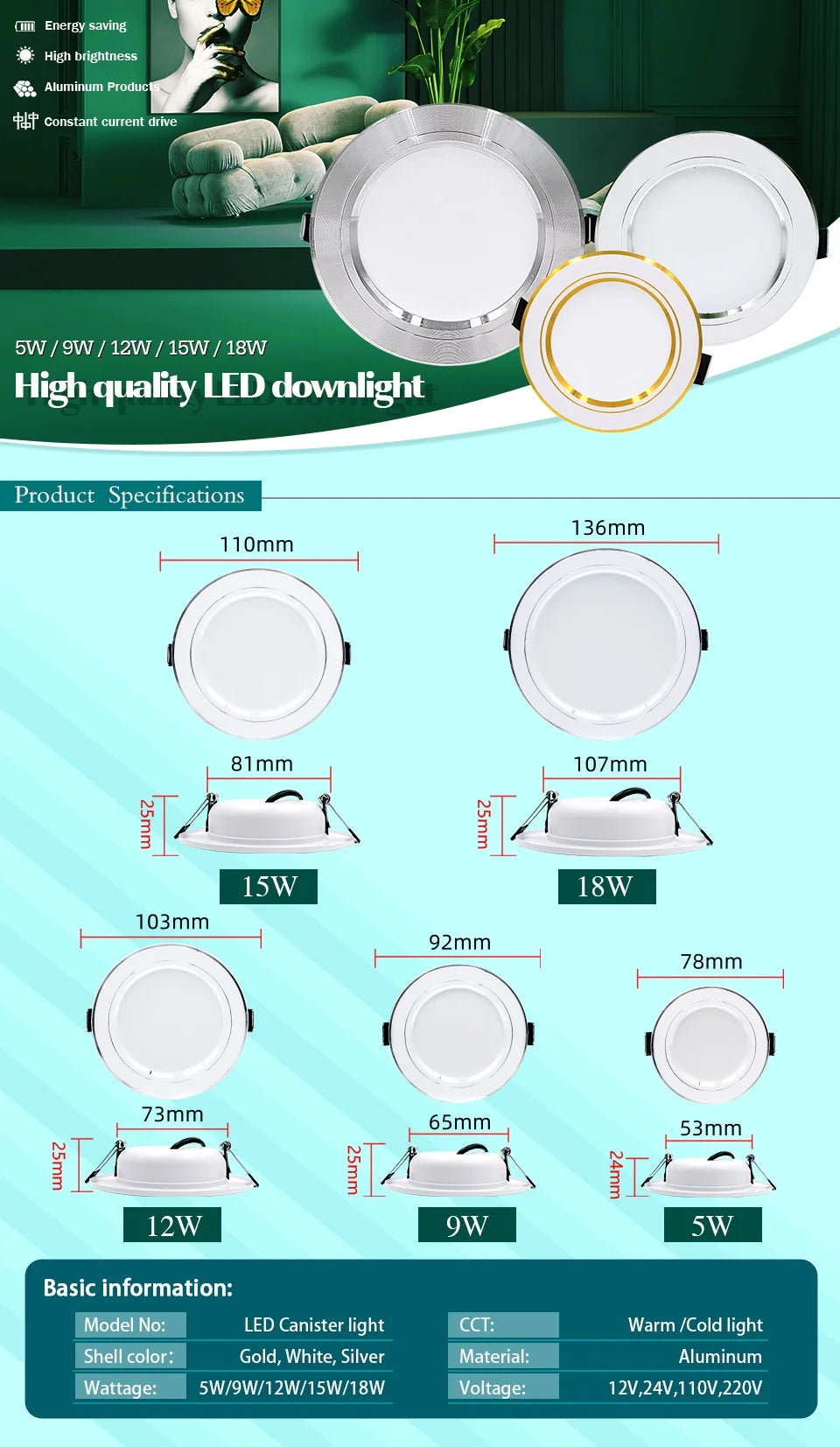 10pcs/lot LED Downlight Gold/Silver/White Body 5W 9W 12W 15W 18W Round Led Ceiling Light 12V 24V 110V 220V Indoor LED Lighting