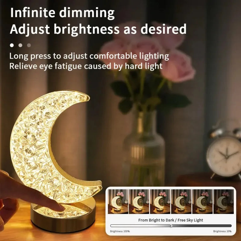 LED Moon Night Light USB Charging Touch Control Diamond Crystal Desk Lamp Bedside Ambient Table for Home Bedroom Decoration