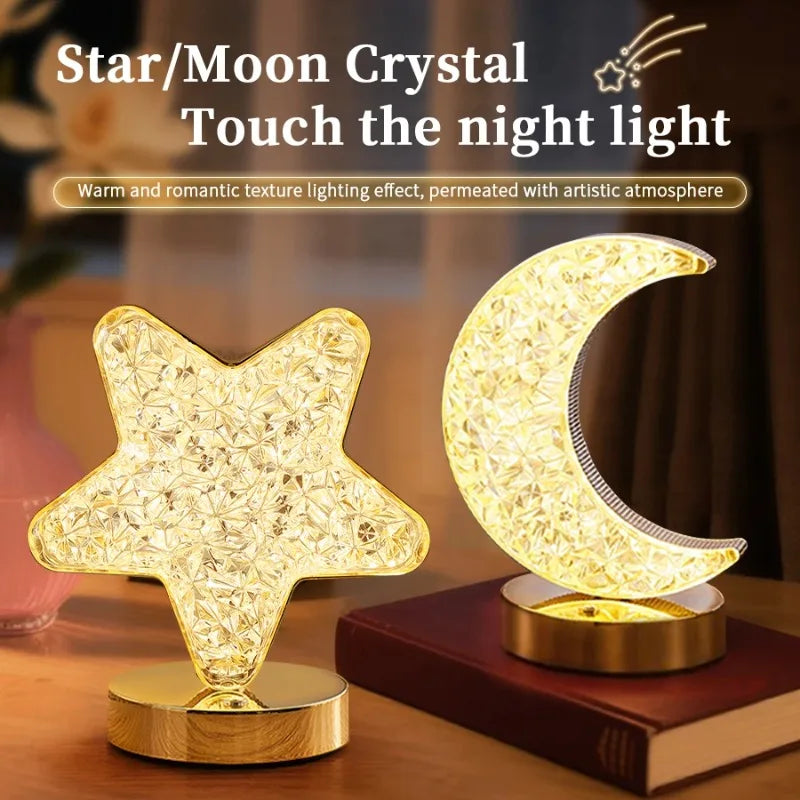 LED Moon Night Light USB Charging Touch Control Diamond Crystal Desk Lamp Bedside Ambient Table for Home Bedroom Decoration