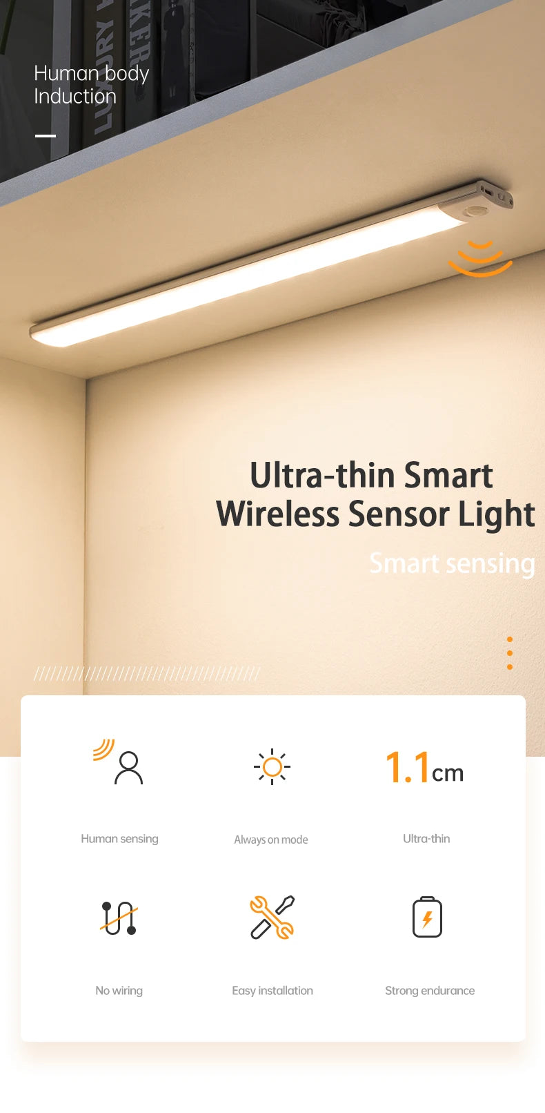 LED Bar Light Motion Sensor USB Rechargeable Led Night Light for Kitchen Wardrobe Cabinet Lighting 30cm/40cm/50cm Cabinet Light