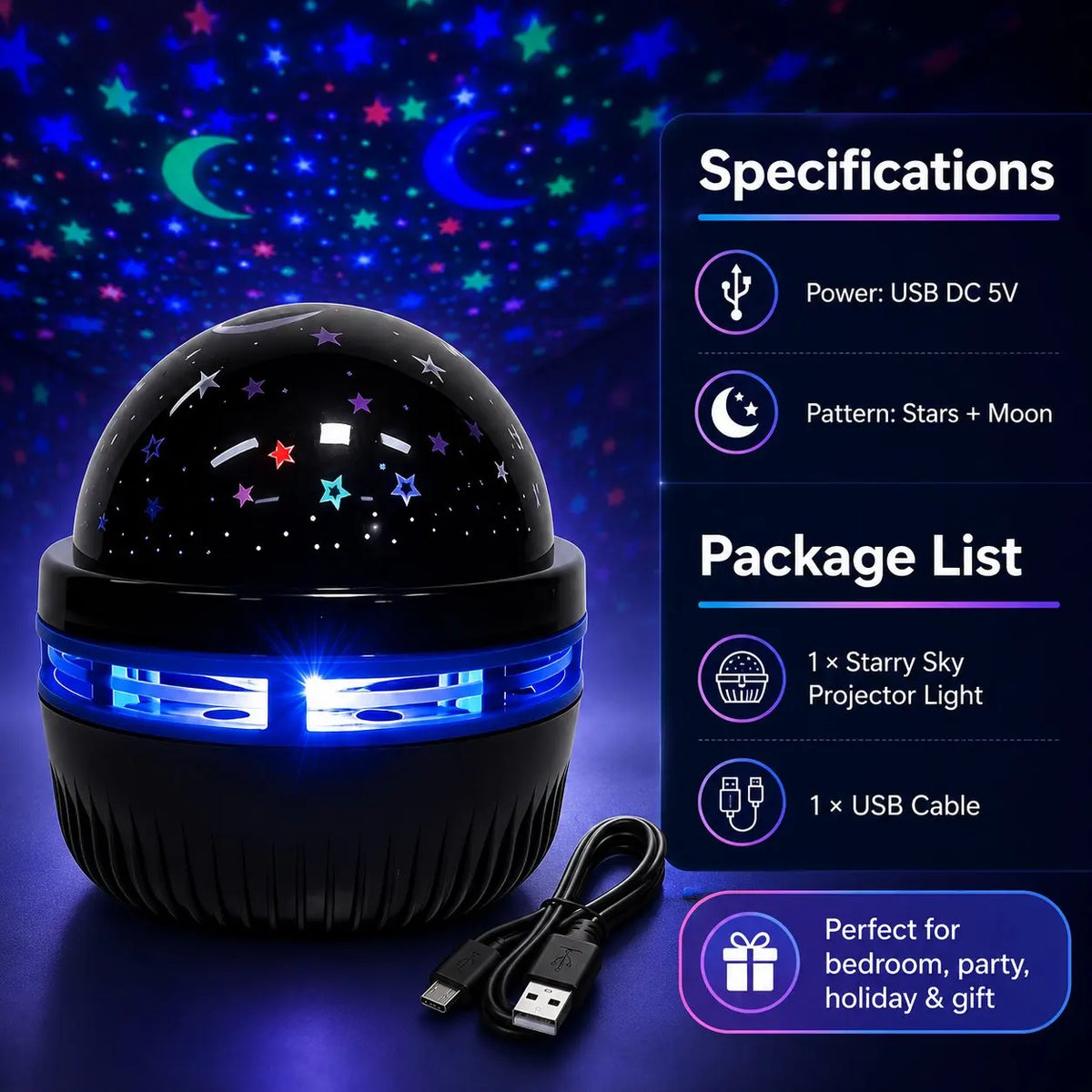 Starry Sky Projector Lamp RGB Galaxy Light Moon Star LED Night Lamp USB Ambient Light Bedroom Home Party Decoration
