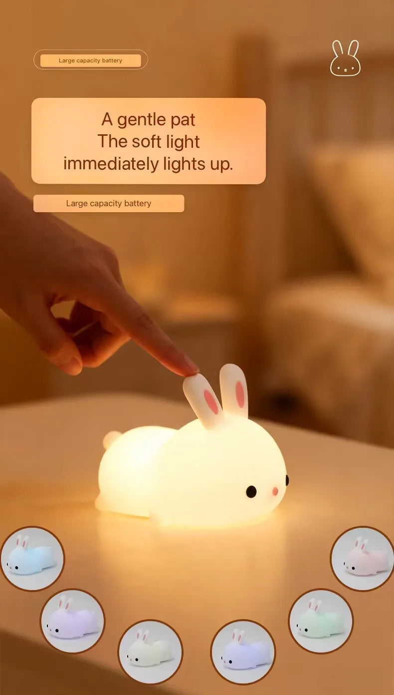 Touch Sensor RGB LED Rabbit Night Light Colorful USB Rechargeable Silicone Bunny Lamp for Children Baby Toy Festival Gift