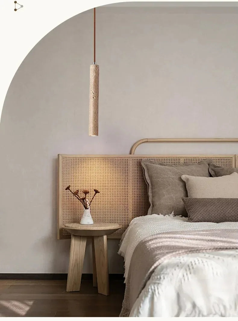 Led Pendant Lamp Long Tube Wood Ceiling Lamp Japan Style Quiet Wind Bedroom Bedside Chandelier Retro Modern travertine  lighting