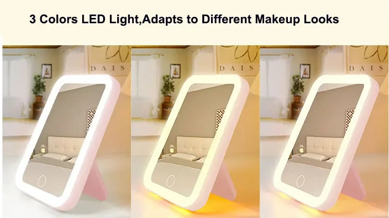 3 Colors LED Vanity Mirror Touch Screen 3 Brightness Dimmable USB Rechargeable Portable Makeup Mirror