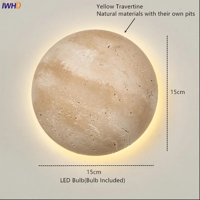 IWHD Modern LED Wall Lamp Yellow Travertine Glass Lampshade Wall Light Indoor Room Decoration Bedside Lighting Applique Murale