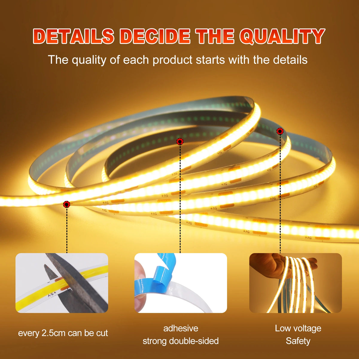 3AA Battery Box 5V COB Led Strip 8MM 320LEDs/M Warm Natural Cool White Flexible COB Strip Light for Bedroom Cabinet TV Backlight