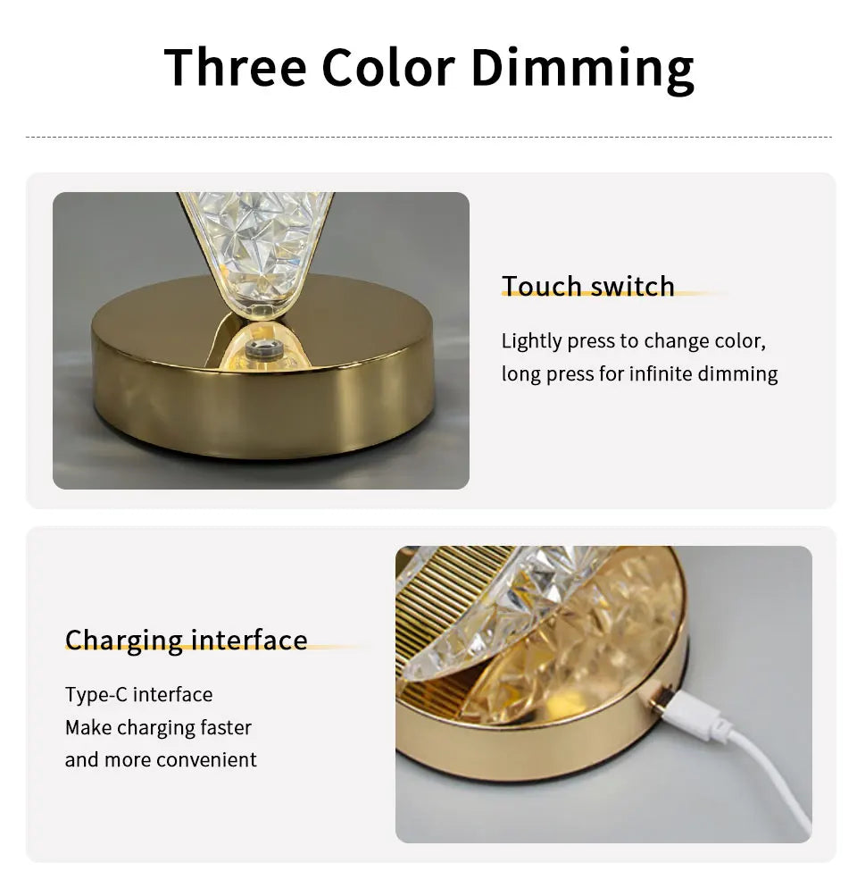 LED Moon Night Light USB Charging Touch Control Diamond Crystal Desk Lamp Bedside Ambient Table for Home Bedroom Decoration