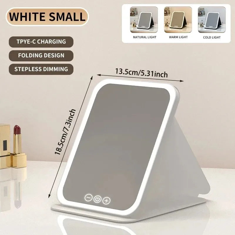 USB Rechargeable 3 Colors LED Makeup Mirror Pocket Mirror Touch Dimmable 3 Brightness Foldable for Travel Office Home