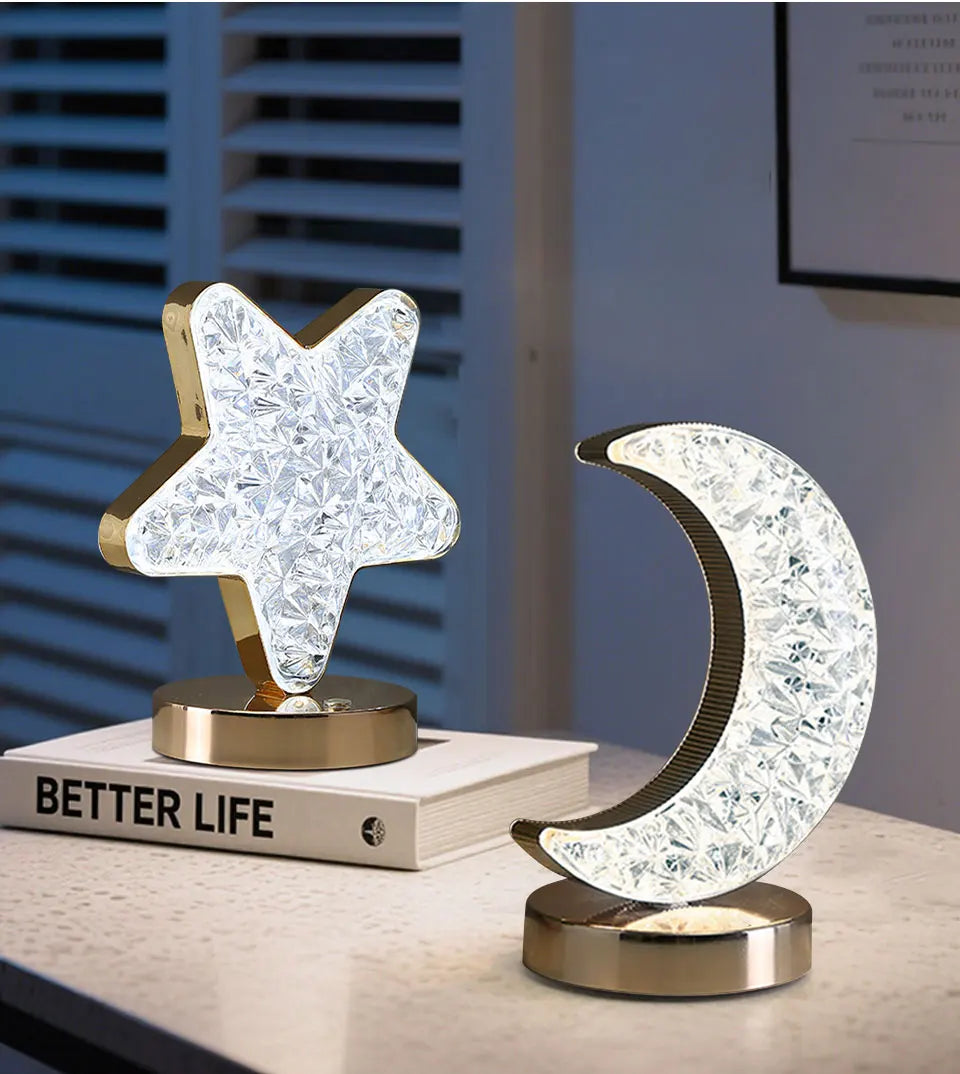 LED Moon Night Light USB Charging Touch Control Diamond Crystal Desk Lamp Bedside Ambient Table for Home Bedroom Decoration