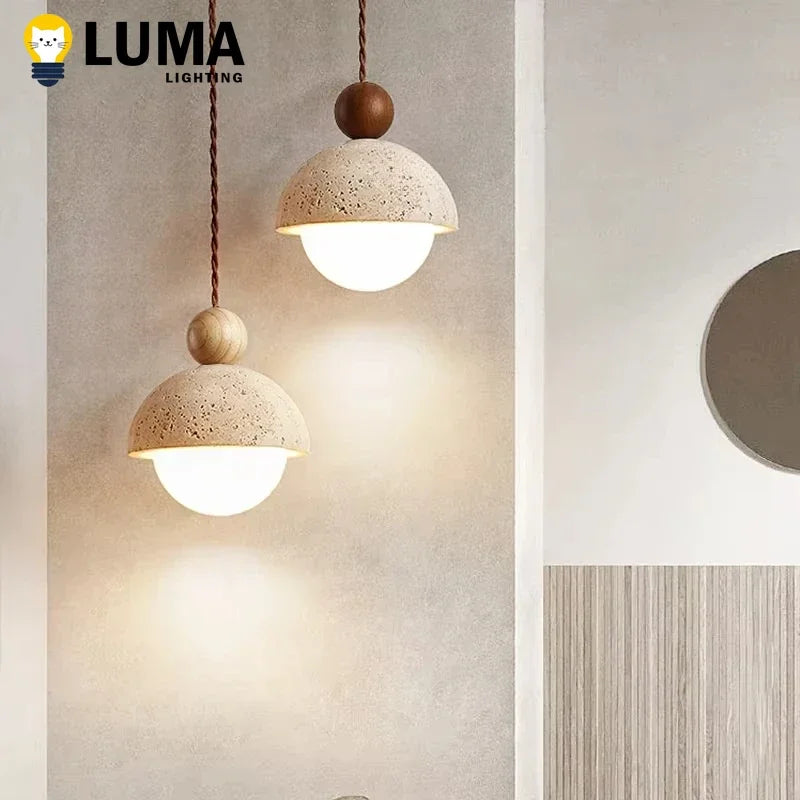 Luma Japanese Style Yellow Travertine Pendant Light, Wabi-Sabi Stone Chandeliers for Kitchen Island Bedroom Bedside Home Decor