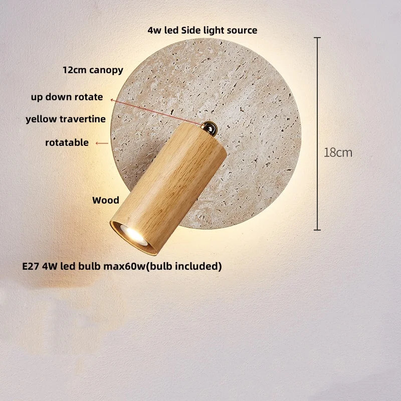 IWHD Wood LED Wall Lamp Sconce Pull Chain Aisle Bedroom Rotate Yellow Travertine Nordic Modern 2 Lighting Bathroom Mirror Light