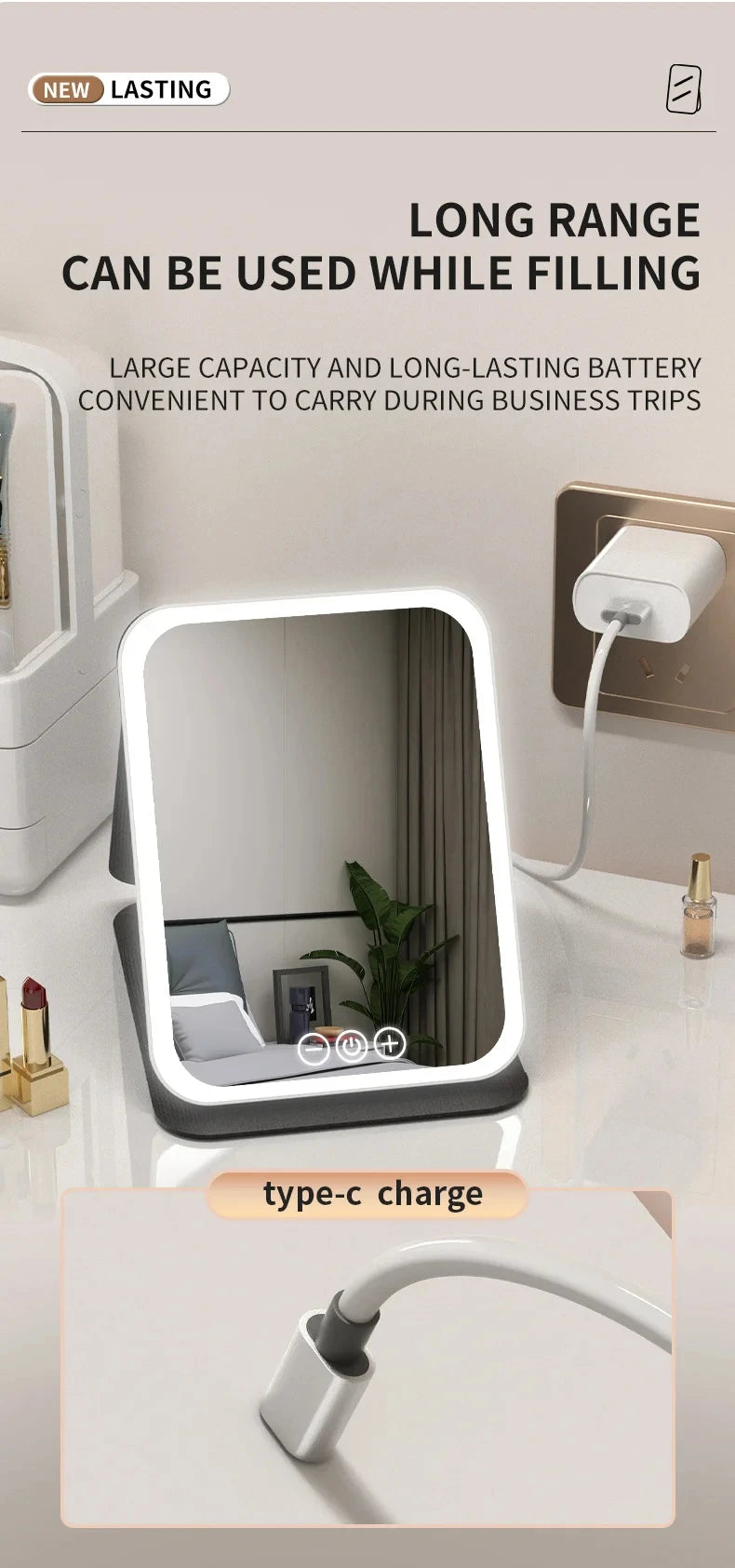 USB Rechargeable 3 Colors LED Makeup Mirror Pocket Mirror Touch Dimmable 3 Brightness Foldable for Travel Office Home
