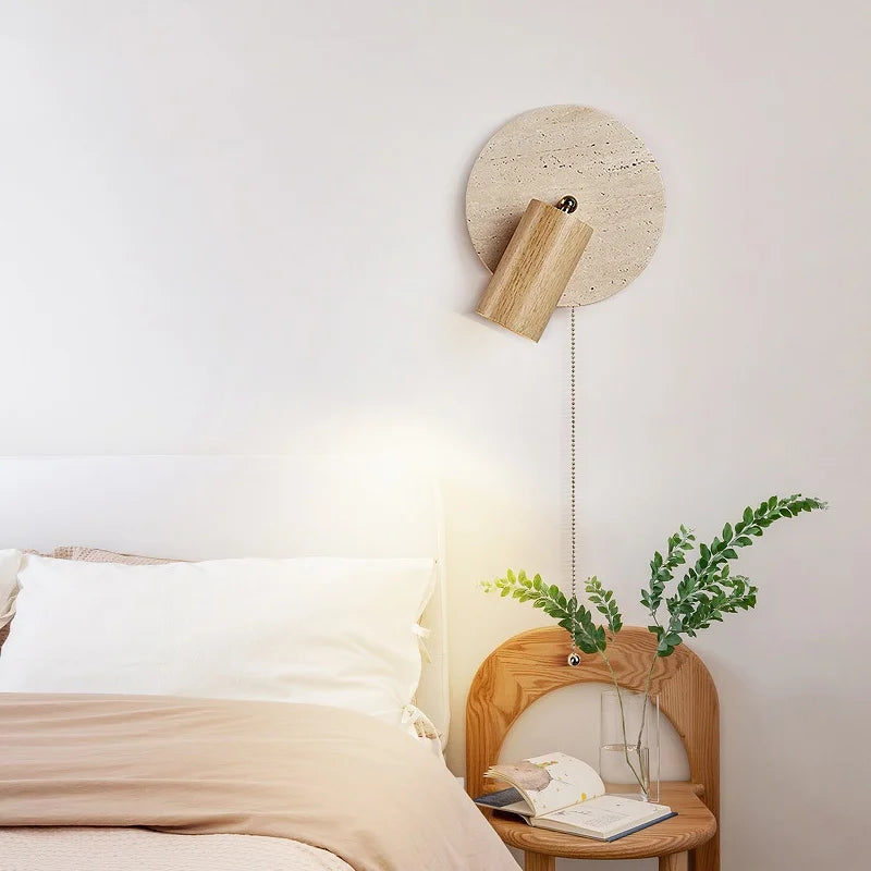 IWHD Wood LED Wall Lamp Sconce Pull Chain Aisle Bedroom Rotate Yellow Travertine Nordic Modern 2 Lighting Bathroom Mirror Light
