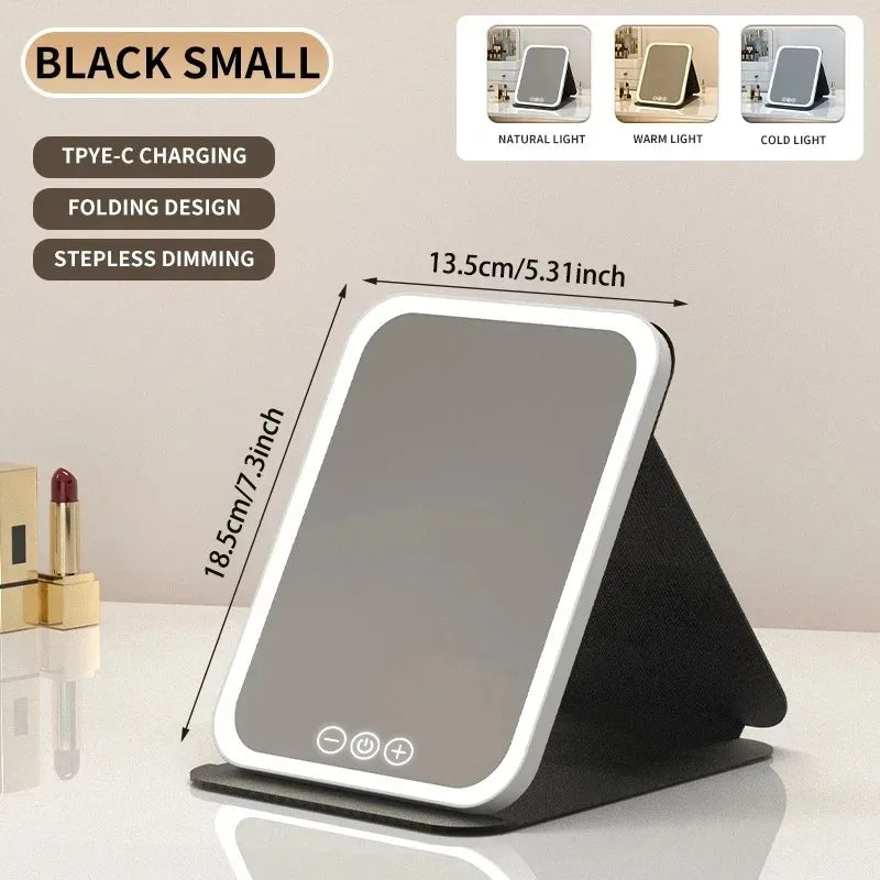 USB Rechargeable 3 Colors LED Makeup Mirror Pocket Mirror Touch Dimmable 3 Brightness Foldable for Travel Office Home