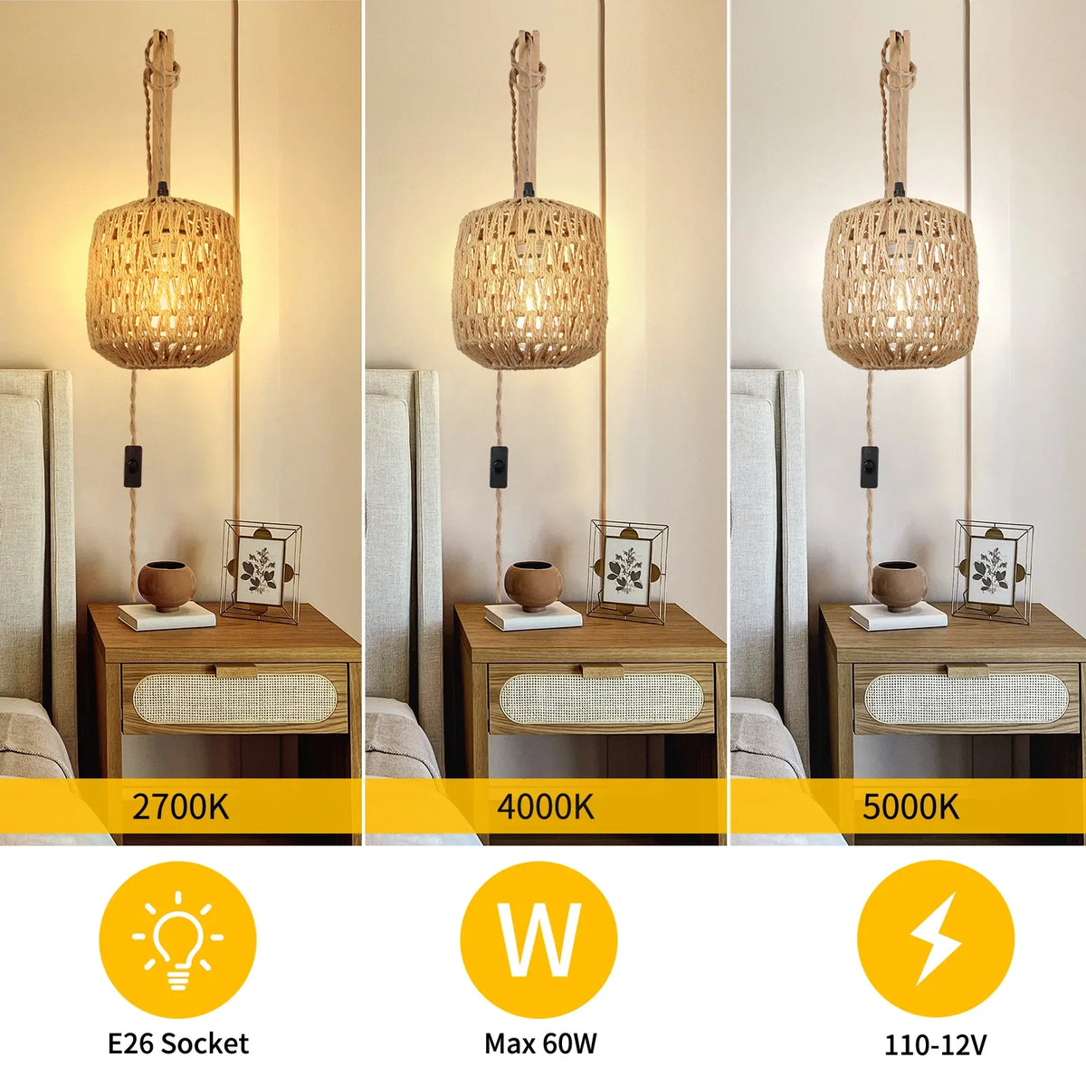 Led Rattan Wall Lamp Bedroom Living Room Woven Light Bedside Lamps E27 Retro Hemp Rope Lights Interior Decoration Fixtures