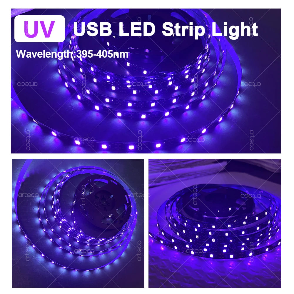 USB UV LED Strip Light Glow in Dark Led Blacklight 385-400nm Ultraviolet UV Lamp For Halloween Fluorescence Party Neon Posters