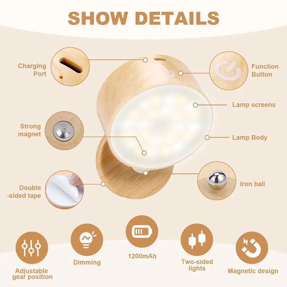 360° Rotating Wood Color Wall Mounted Lamp Touch Control Magnetic Mounting LED Wall Sconce Dimmable Warm White USB Rechargeable