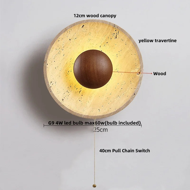 IWHD Wood LED Wall Lamp Sconce Pull Chain Aisle Bedroom Rotate Yellow Travertine Nordic Modern 2 Lighting Bathroom Mirror Light