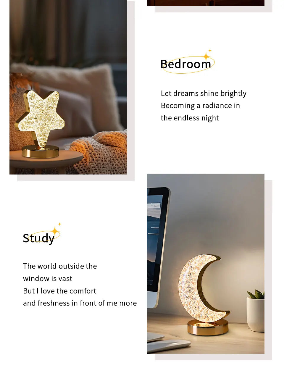 LED Moon Night Light USB Charging Touch Control Diamond Crystal Desk Lamp Bedside Ambient Table for Home Bedroom Decoration