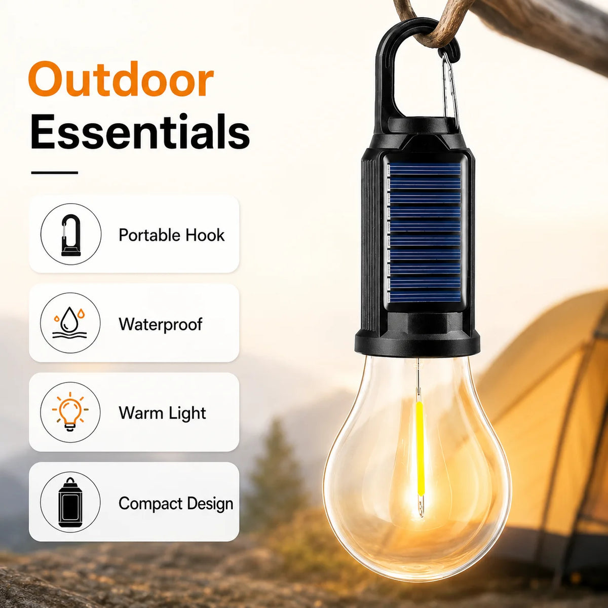 Solar Camping Light Bulb USB Rechargeable Hanging Tent Lamp Waterproof Portable Outdoor Lantern for Camping BBQ Garden Decor