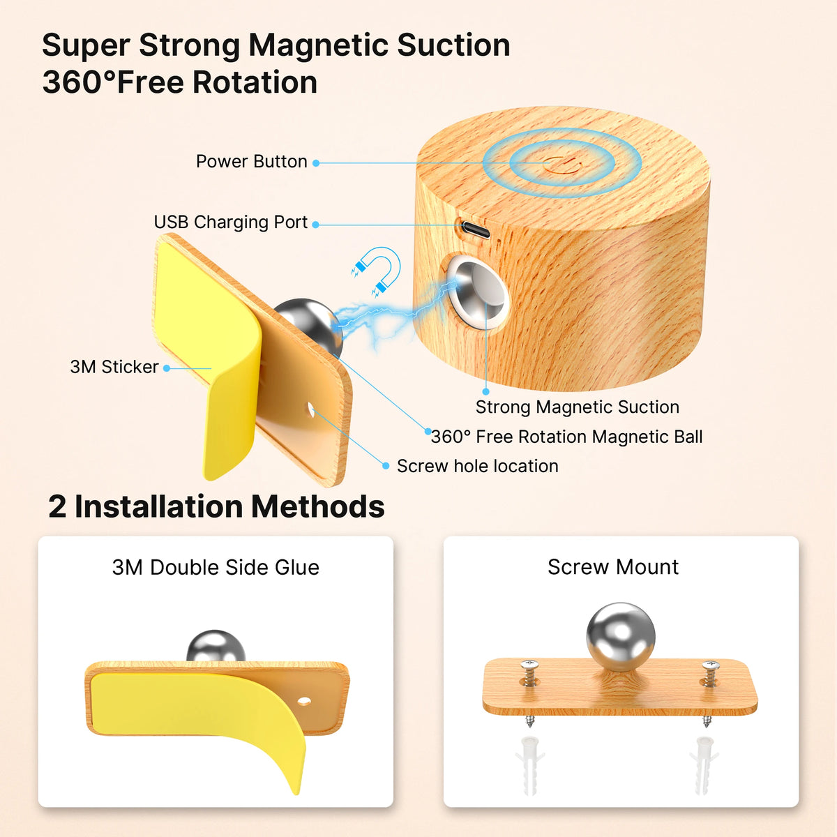 Wooden LED Wall Sconce, 360° Rotatable Dimmable ，Magnetic Touch Control， Rechargeable Battery Operated Magnetic Night Light