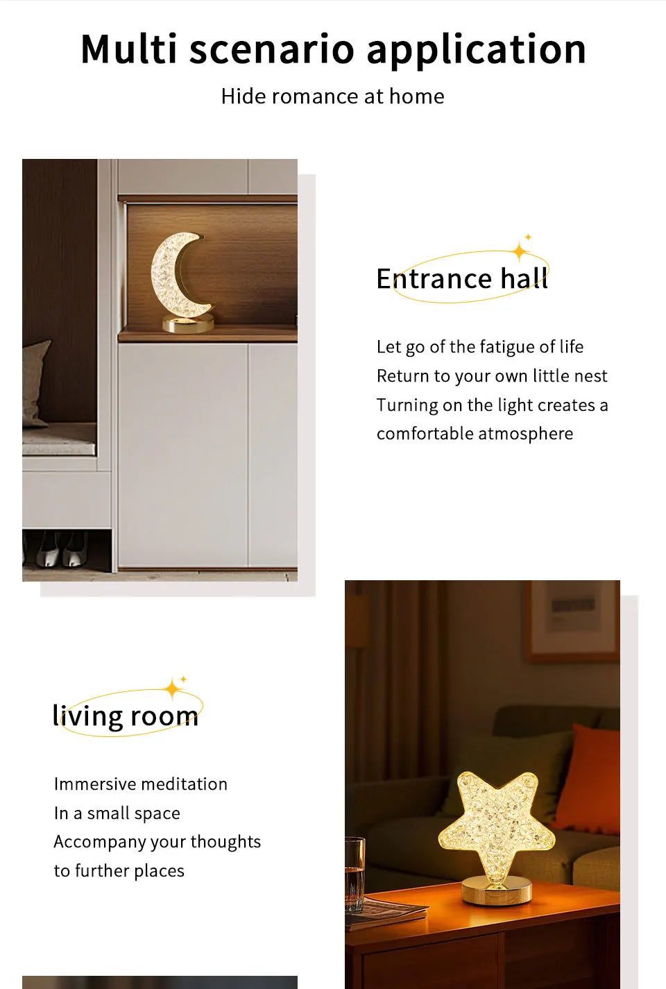 LED Moon Night Light USB Charging Touch Control Diamond Crystal Desk Lamp Bedside Ambient Table for Home Bedroom Decoration
