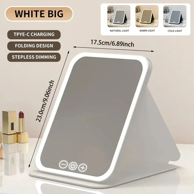USB Rechargeable 3 Colors LED Makeup Mirror Pocket Mirror Touch Dimmable 3 Brightness Foldable for Travel Office Home
