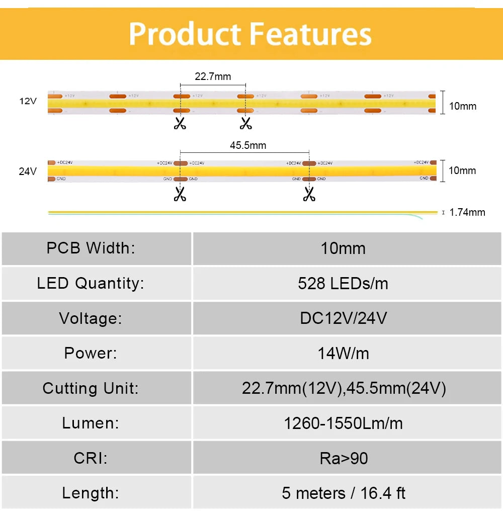 Linear Dimmable 24V 12V COB LED Strip Light 528LEDs/m High Density Flexible LED Ribbon Tape Ra90+ 3000K 4000K 6500K LED Lighting
