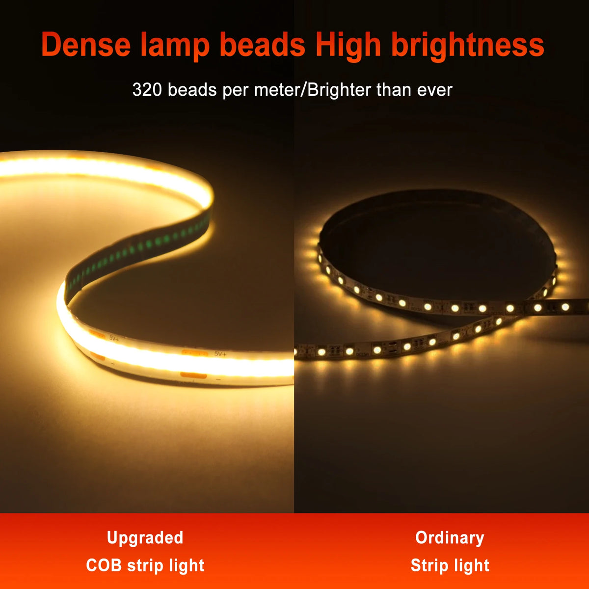 3AA Battery Box 5V COB Led Strip 8MM 320LEDs/M Warm Natural Cool White Flexible COB Strip Light for Bedroom Cabinet TV Backlight