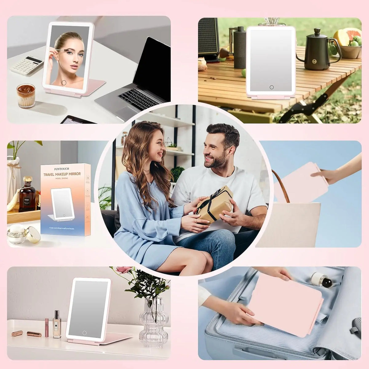 LED Foldable Travel Makeup Mirror 3 Colors Light Modes USB Rechargeable Touch Screen Portable Tabletop Cosmetic Mirror Handheld