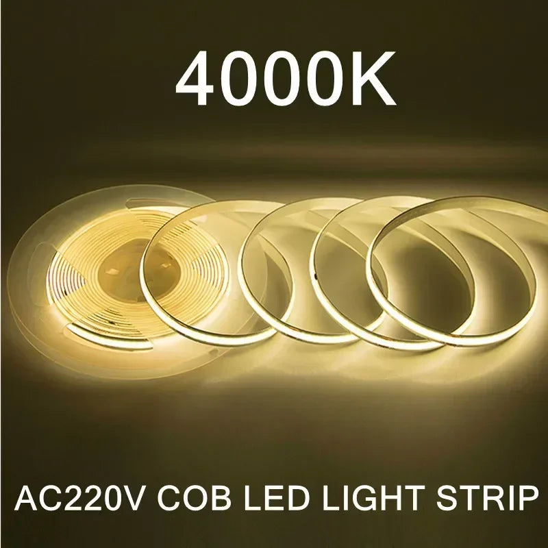 220V COB LED Strip Light Flexible Tape Lights Smart IC No Need Driver High Bright 240 LEDs Linear Lighting RA95 Warm White 1-5m