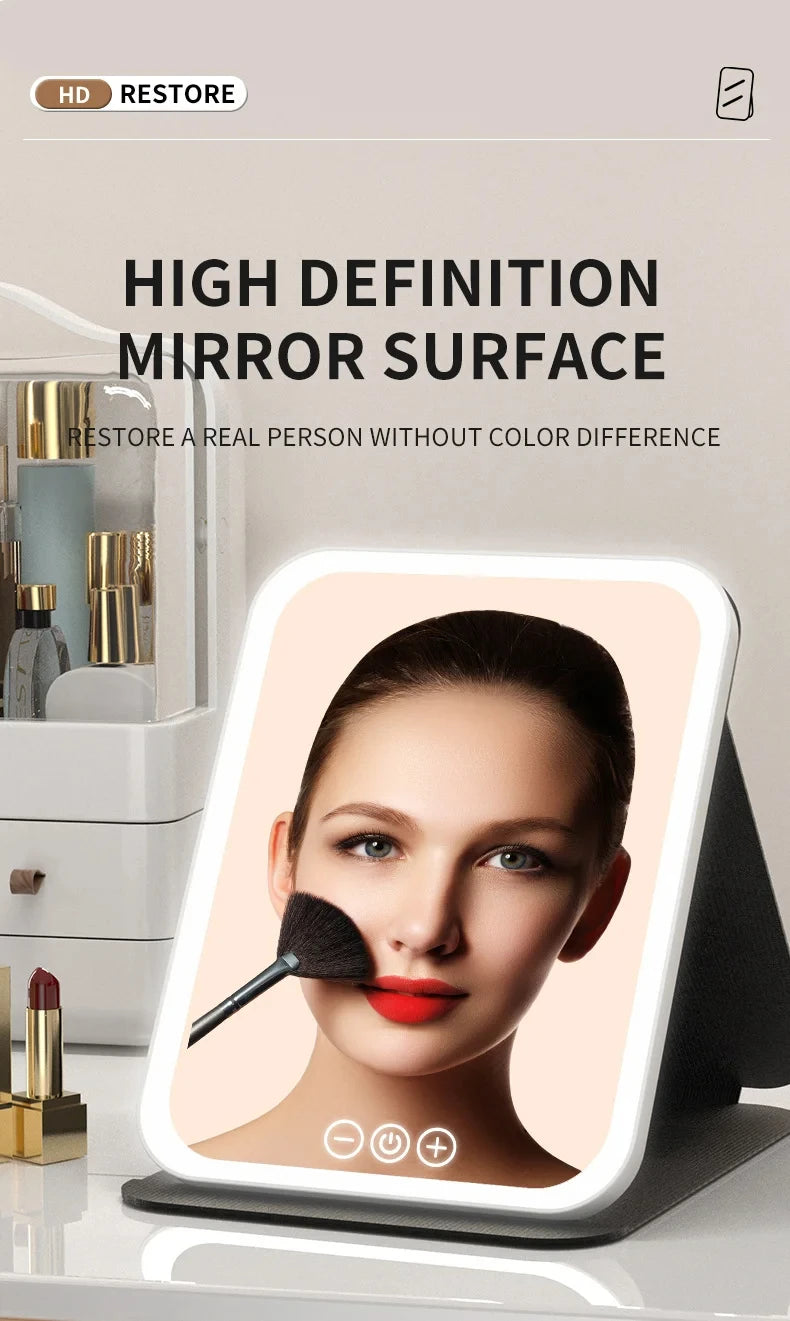 USB Rechargeable 3 Colors LED Makeup Mirror Pocket Mirror Touch Dimmable 3 Brightness Foldable for Travel Office Home