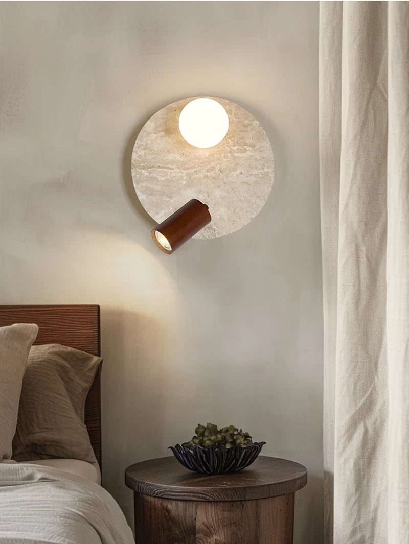 IWHD Modern LED Wall Lamp Yellow Travertine Glass Lampshade Wall Light Indoor Room Decoration Bedside Lighting Applique Murale