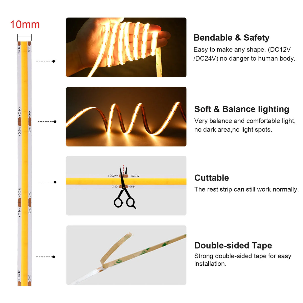 Linear Dimmable 24V 12V COB LED Strip Light 528LEDs/m High Density Flexible LED Ribbon Tape Ra90+ 3000K 4000K 6500K LED Lighting