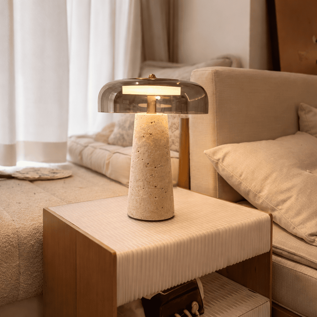 Aeris stone table light styled on a coffee table in a soft neutral living room