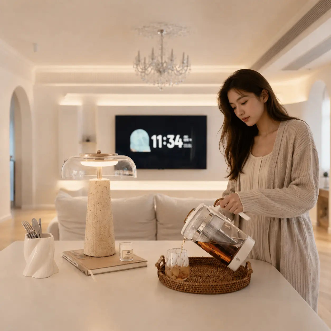 Aeris stone table light styled in a warm modern living room with natural materials