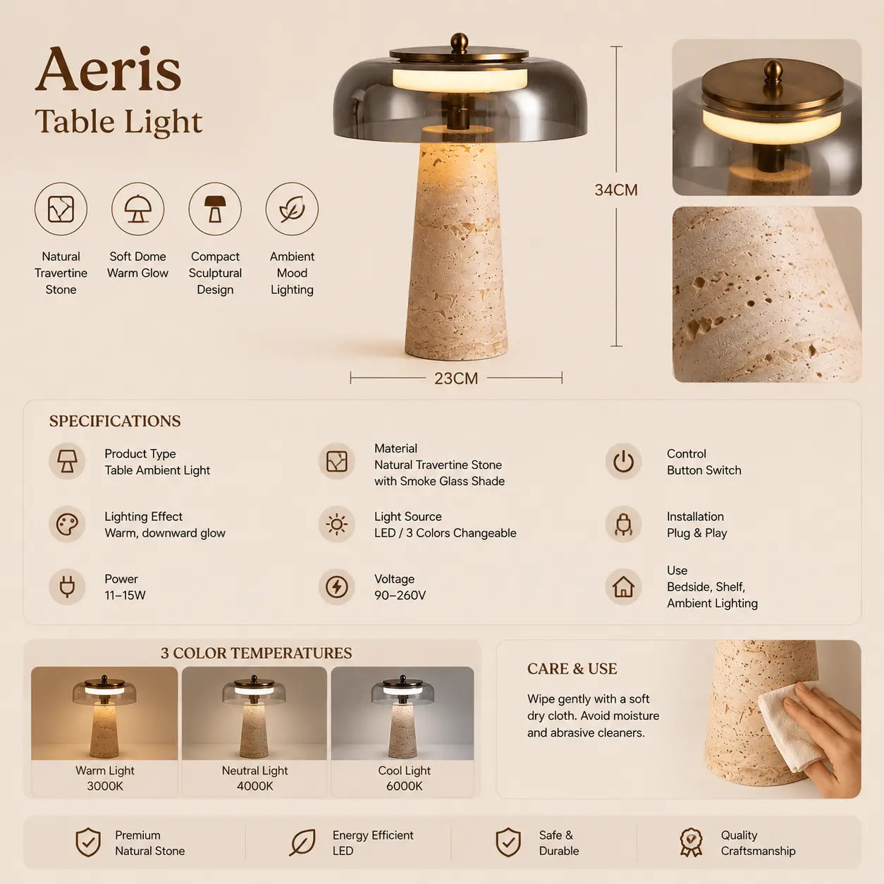 Aeris stone table light option 1 with product dimensions and specifications