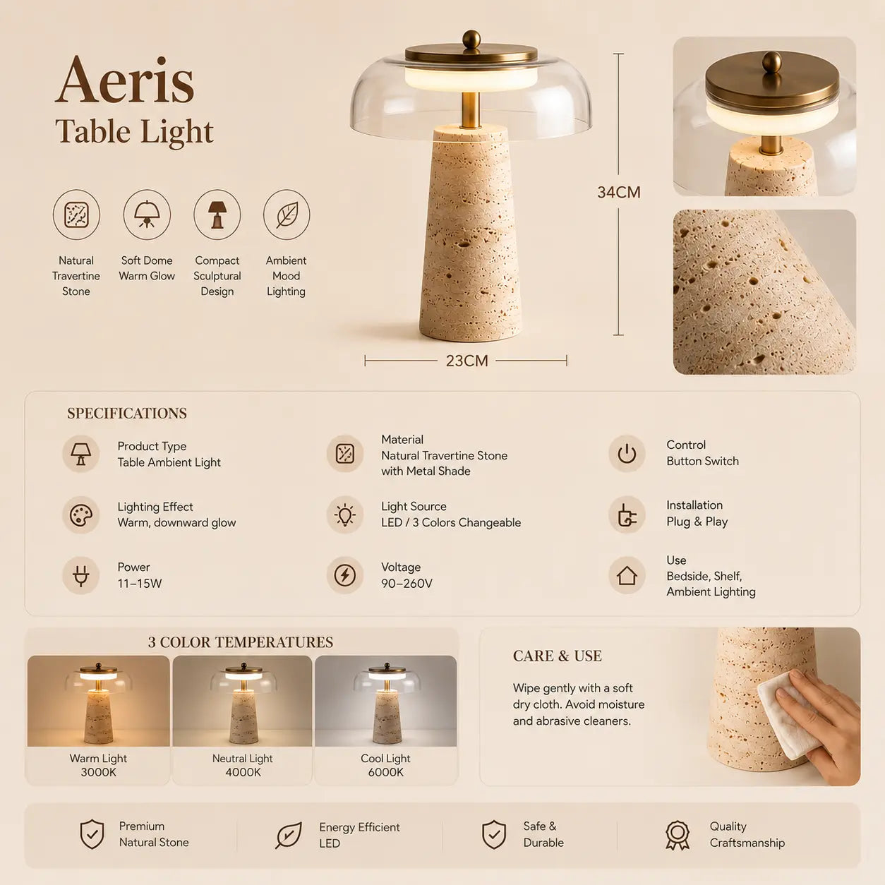 Aeris stone table light option 2 with product dimensions and specifications