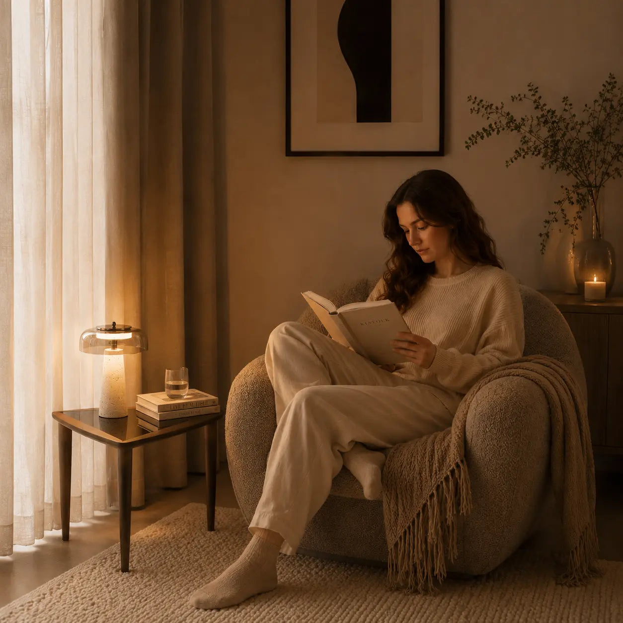 Aeris stone table light creating a warm and quiet reading corner beside a lounge chair