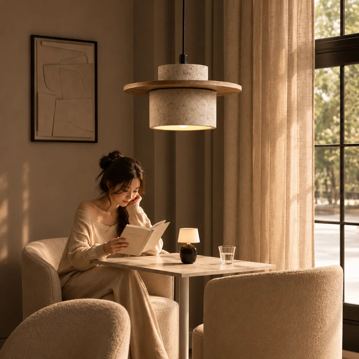 Aro stone pendant light creating a warm intimate mood in an evening dining corner