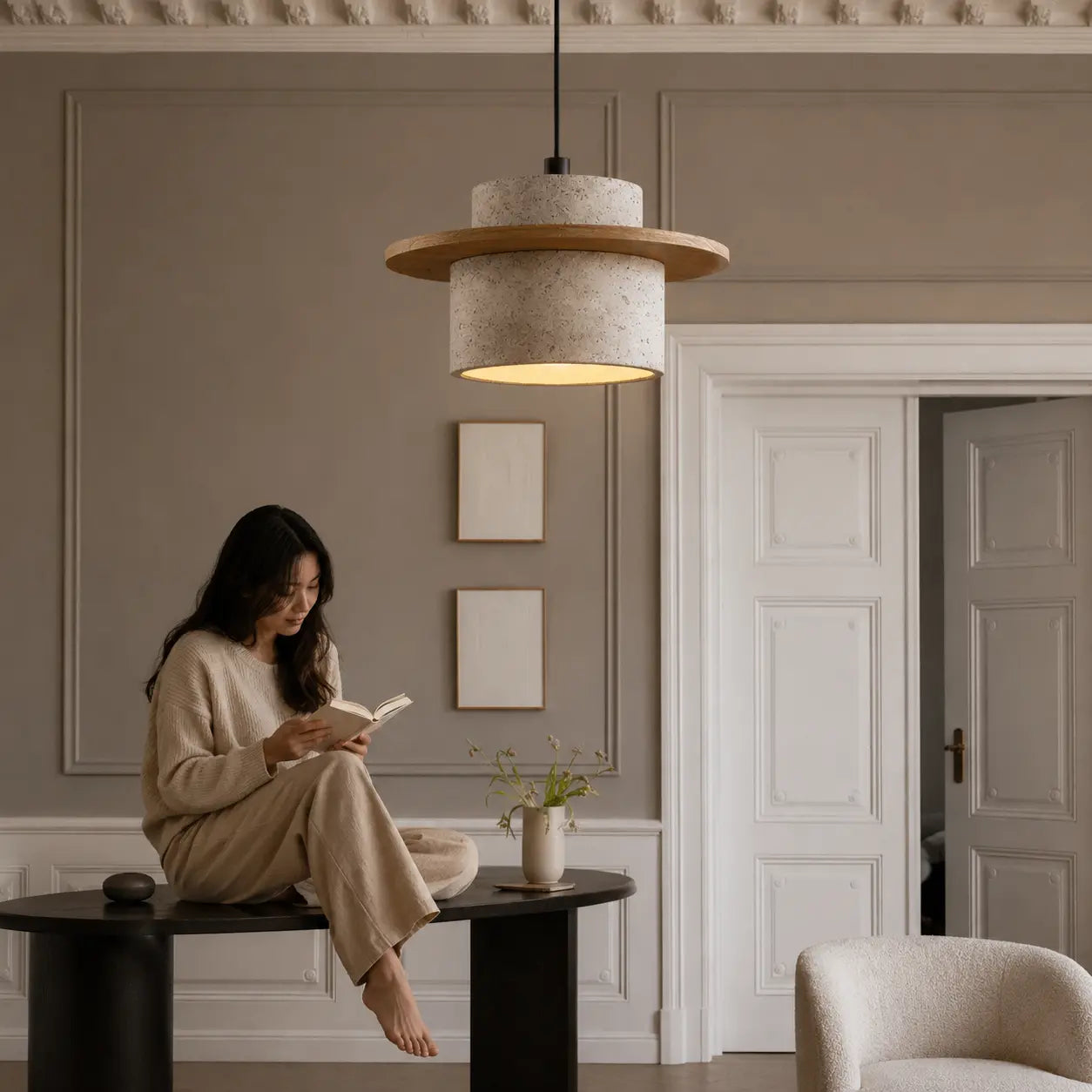 Aro stone pendant light adding a soft warm glow beside a bed during the evening