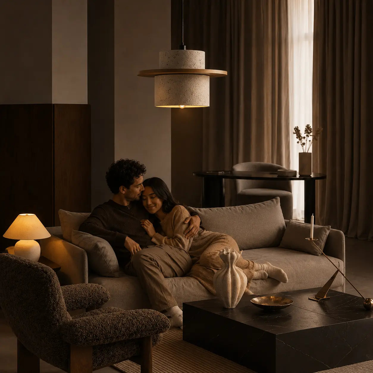 Aro stone pendant light creating a warm intimate glow in a calm lounge interior