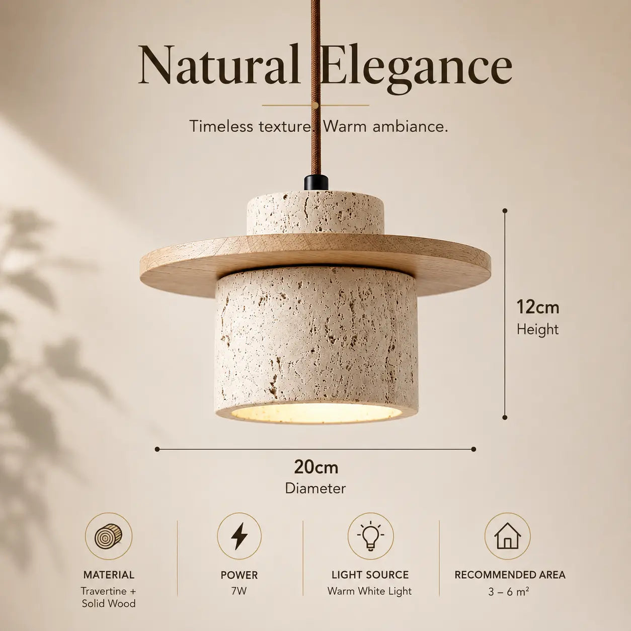 Aro stone pendant light product details with material, dimensions, and warm lighting features