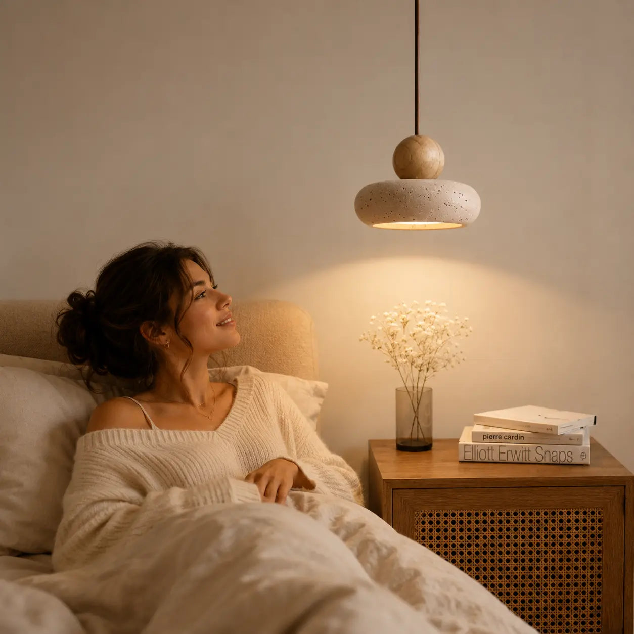 Arova stone pendant light creating a soft warm glow beside a calm bedroom bed